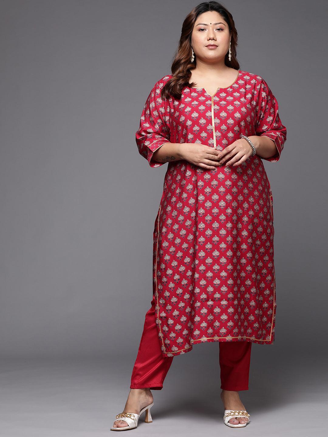 Plus Size Red Printed Silk Straight Kurta - ShopLibas