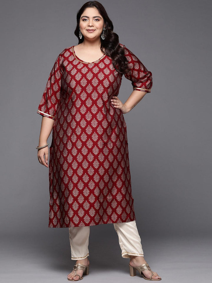 Plus Size Red Printed Silk Straight Kurta - ShopLibas