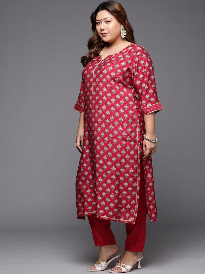 Plus Size Red Printed Silk Straight Kurta - ShopLibas