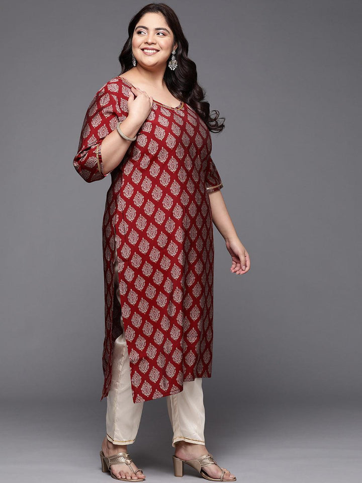 Plus Size Red Printed Silk Straight Kurta - ShopLibas