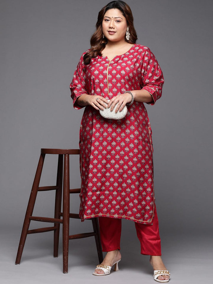 Plus Size Red Printed Silk Straight Kurta - ShopLibas