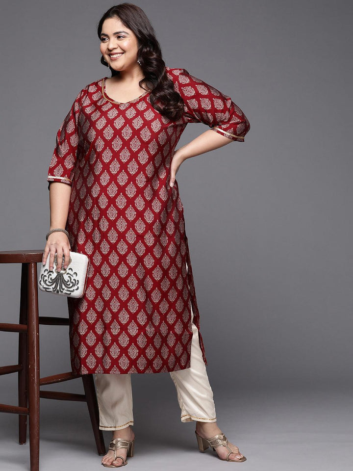 Plus Size Red Printed Silk Straight Kurta - ShopLibas
