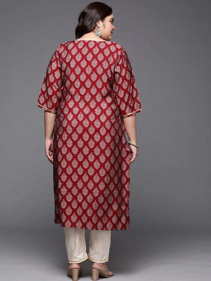 Plus Size Red Printed Silk Straight Kurta - ShopLibas