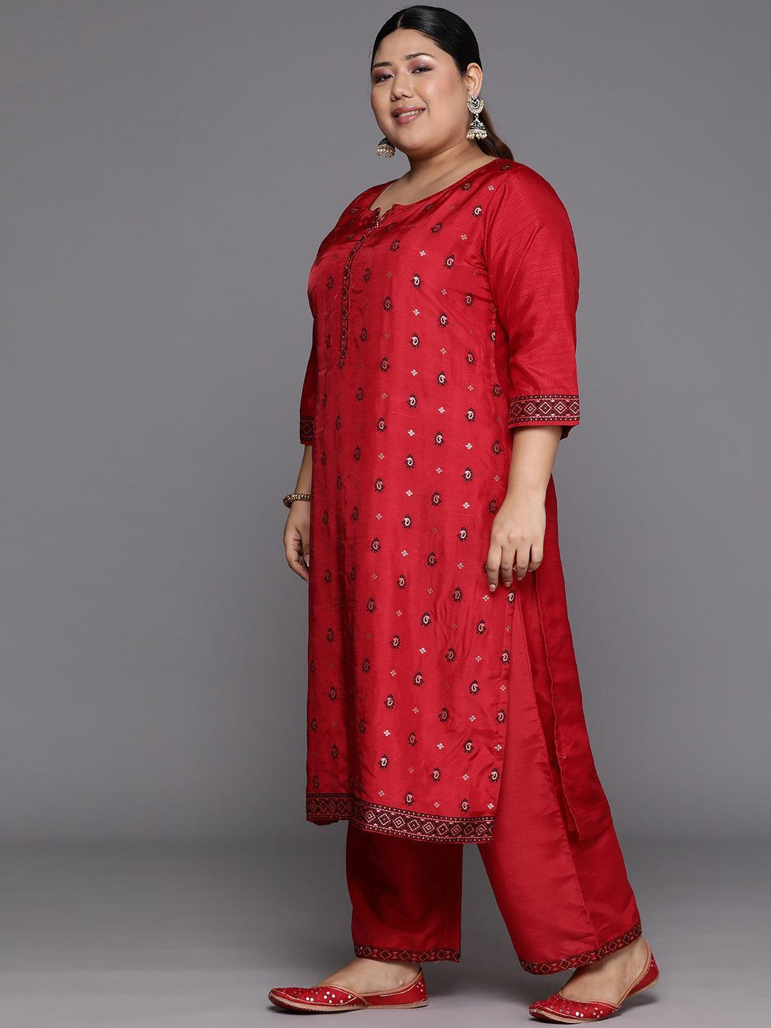 Plus Size Red Woven Design Silk Blend Straight Suit Set - Libas 
