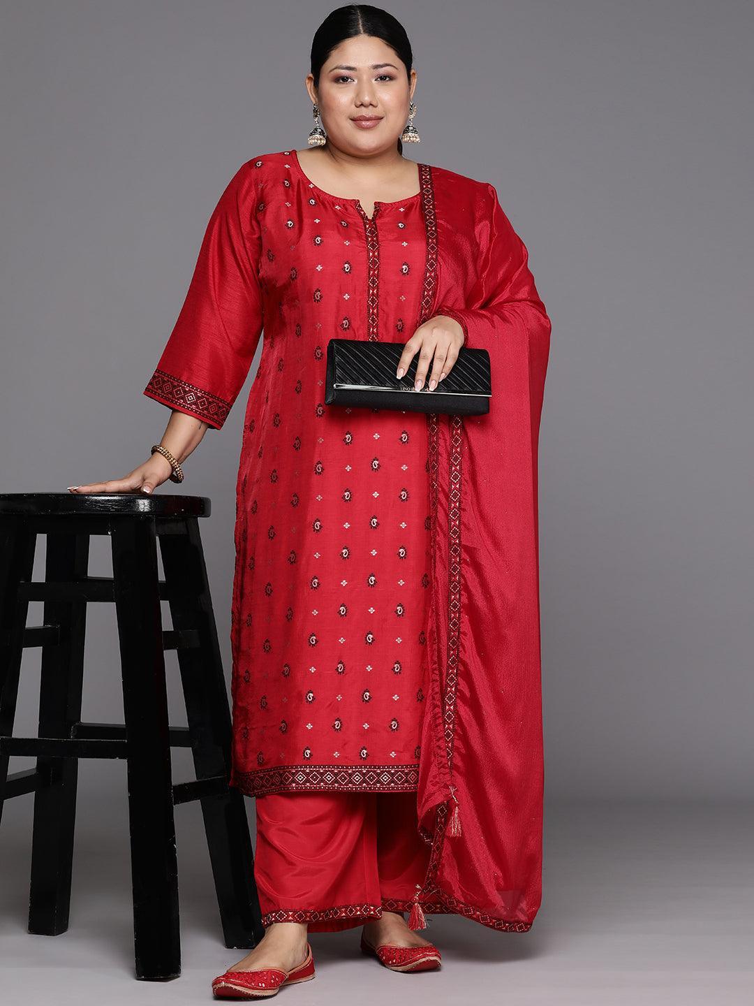 Plus Size Red Woven Design Silk Blend Straight Suit Set - Libas 