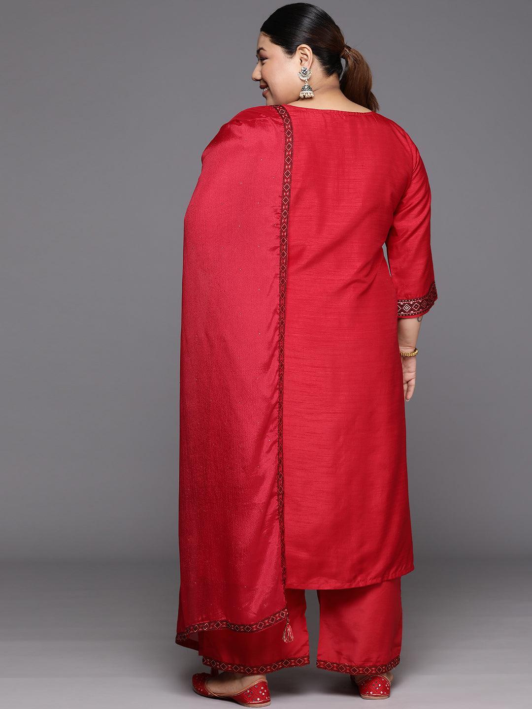 Plus Size Red Woven Design Silk Blend Straight Suit Set - Libas 
