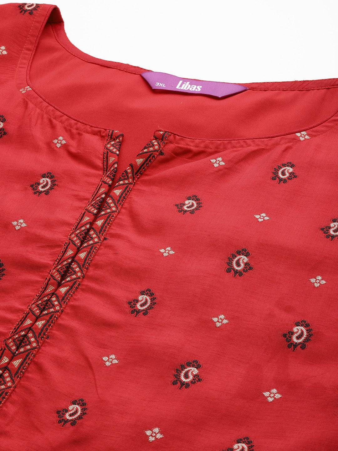Plus Size Red Woven Design Silk Blend Straight Suit Set - Libas 