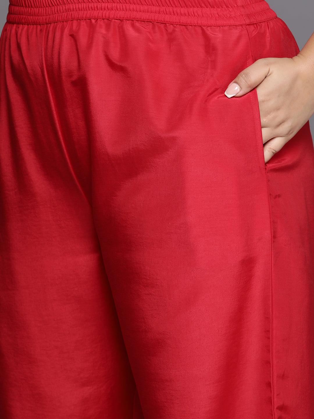 Plus Size Red Woven Design Silk Blend Straight Suit Set - Libas 
