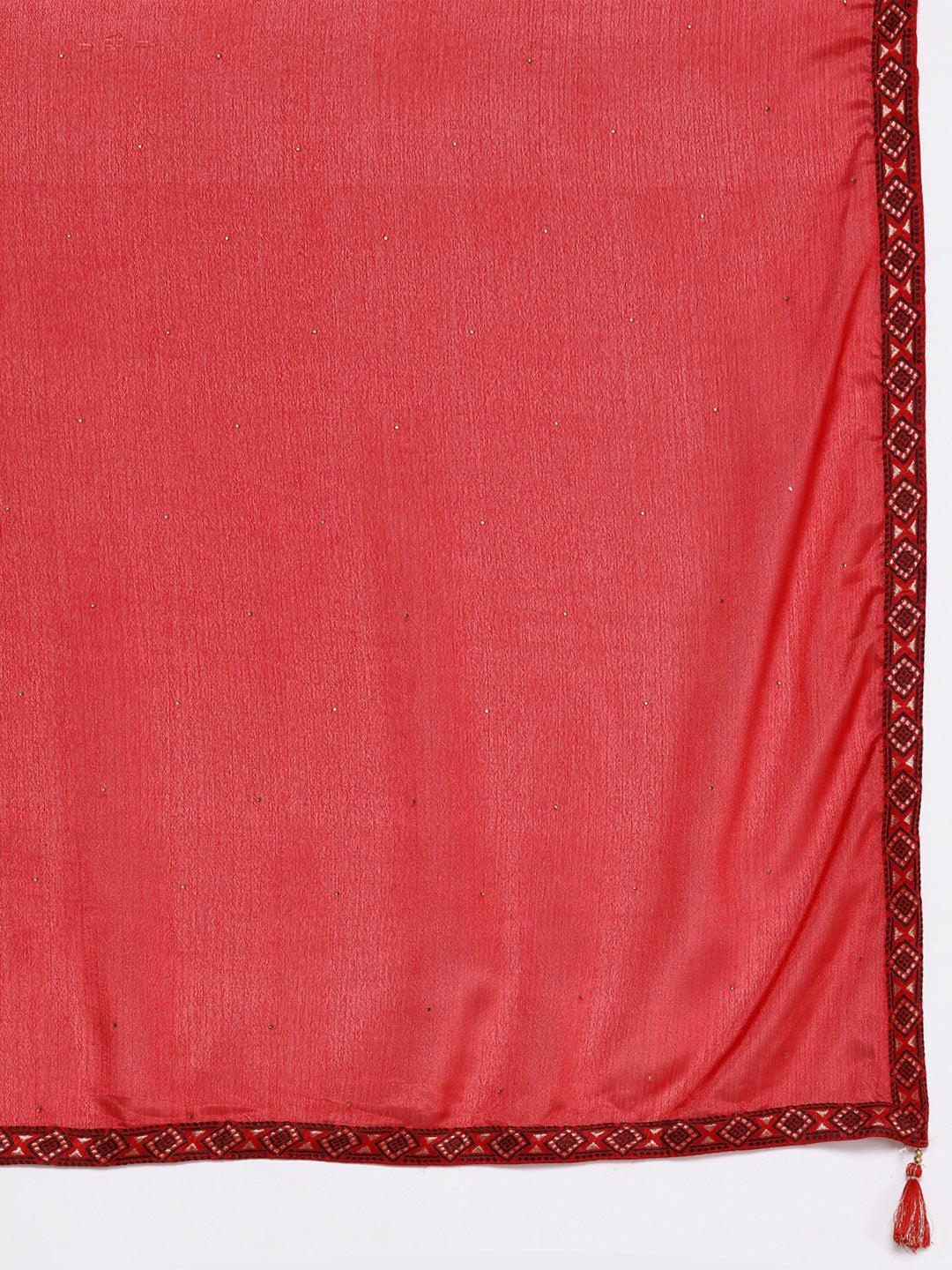 Plus Size Red Woven Design Silk Blend Straight Suit Set - Libas 