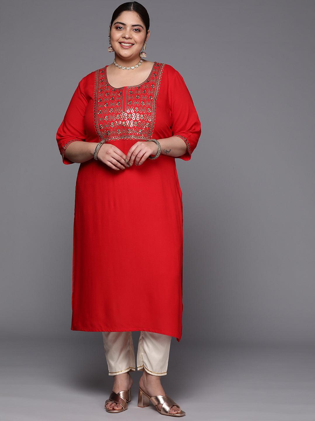 Plus Size Red Yoke Design Rayon Straight Kurta - ShopLibas