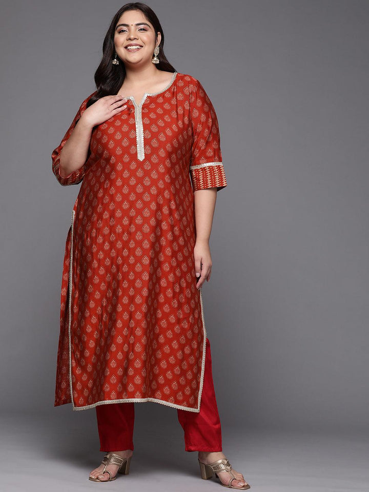 Plus Size Rust Printed Silk Straight Kurta - ShopLibas