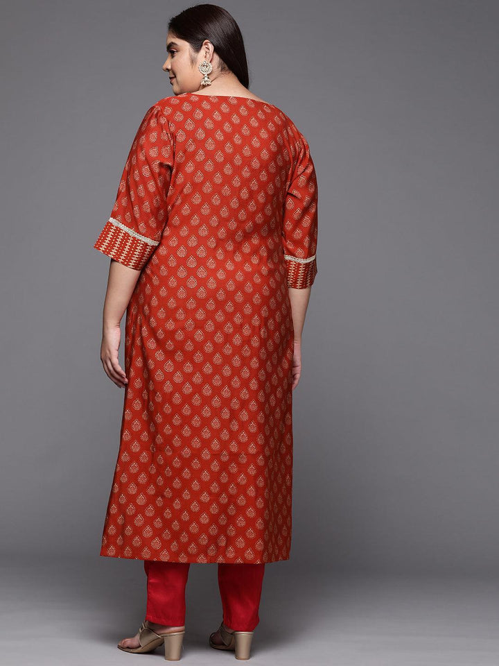 Plus Size Rust Printed Silk Straight Kurta - ShopLibas