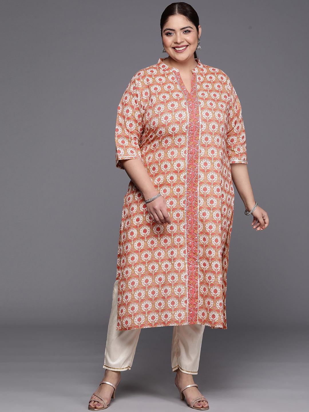 Plus Size Tan Printed Cotton Straight Kurta - ShopLibas