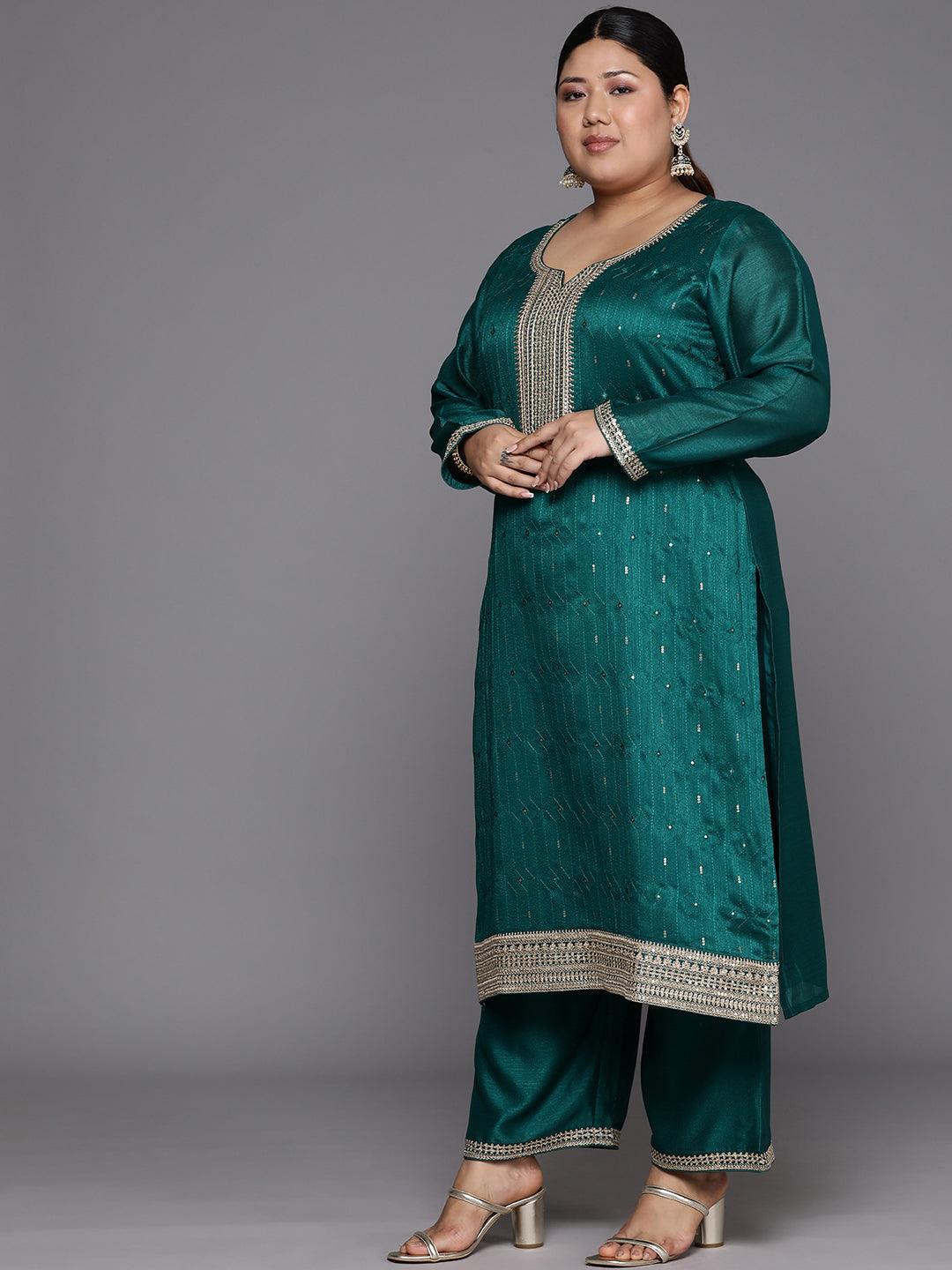 Plus Size Teal Embroidered Silk Blend Straight Suit Set - Libas 