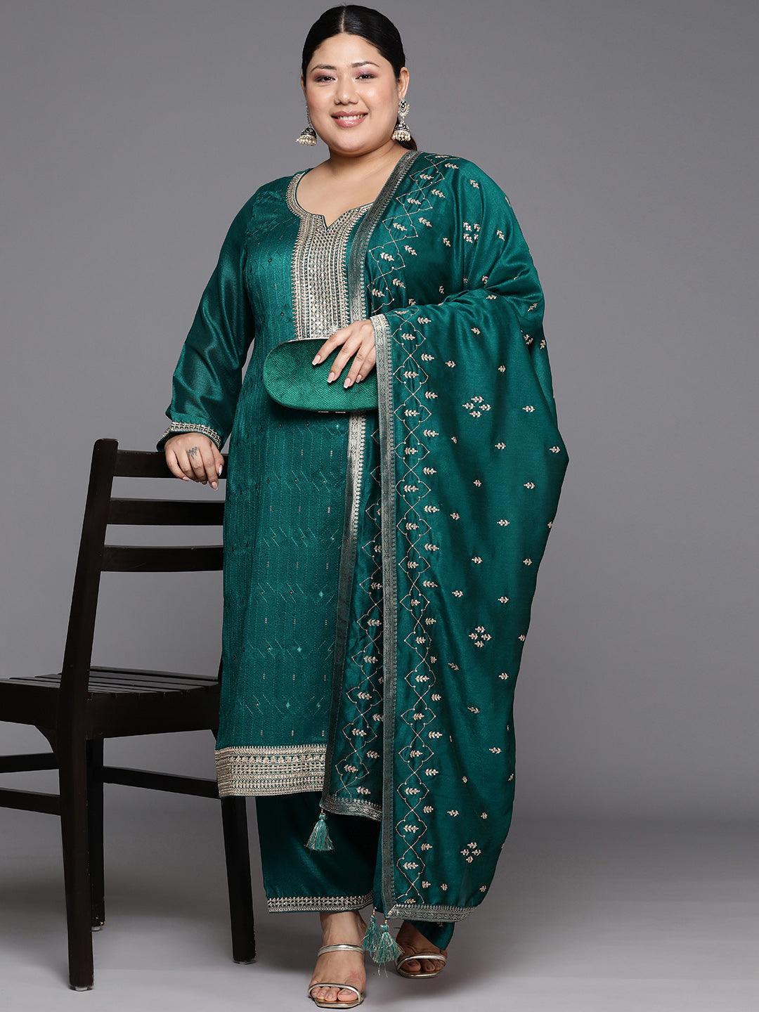 Plus Size Teal Embroidered Silk Blend Straight Suit Set - Libas 