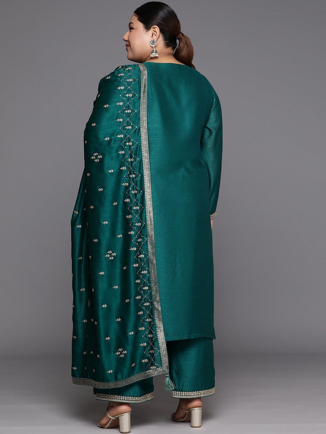 Plus Size Teal Embroidered Silk Blend Straight Suit Set - Libas 