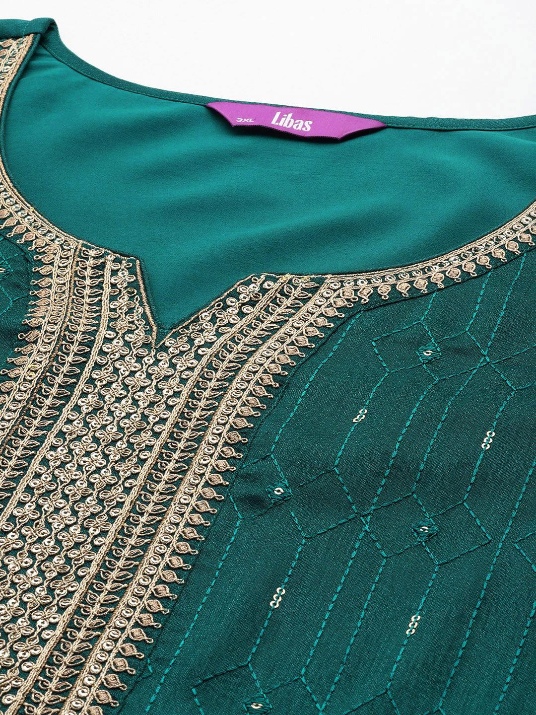 Plus Size Teal Embroidered Silk Blend Straight Suit Set - Libas 