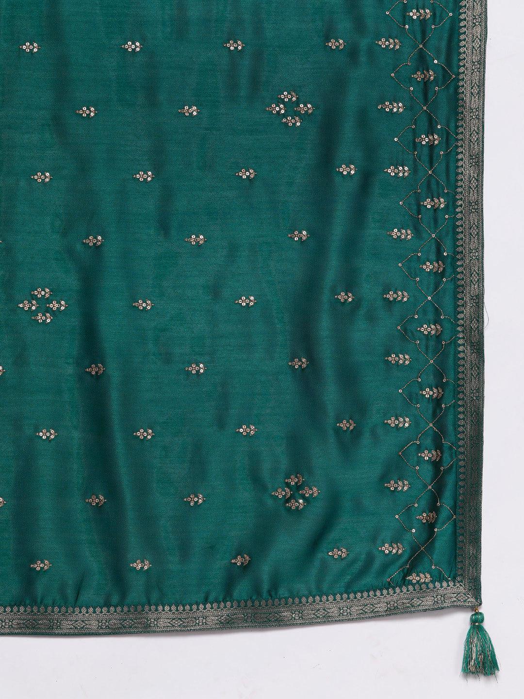 Plus Size Teal Embroidered Silk Blend Straight Suit Set - Libas 