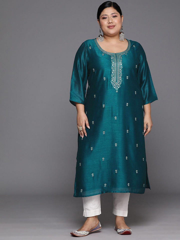 Plus Size Teal Embroidered Silk Straight Kurta