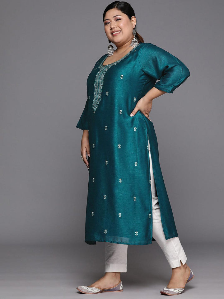 Plus Size Teal Embroidered Silk Straight Kurta