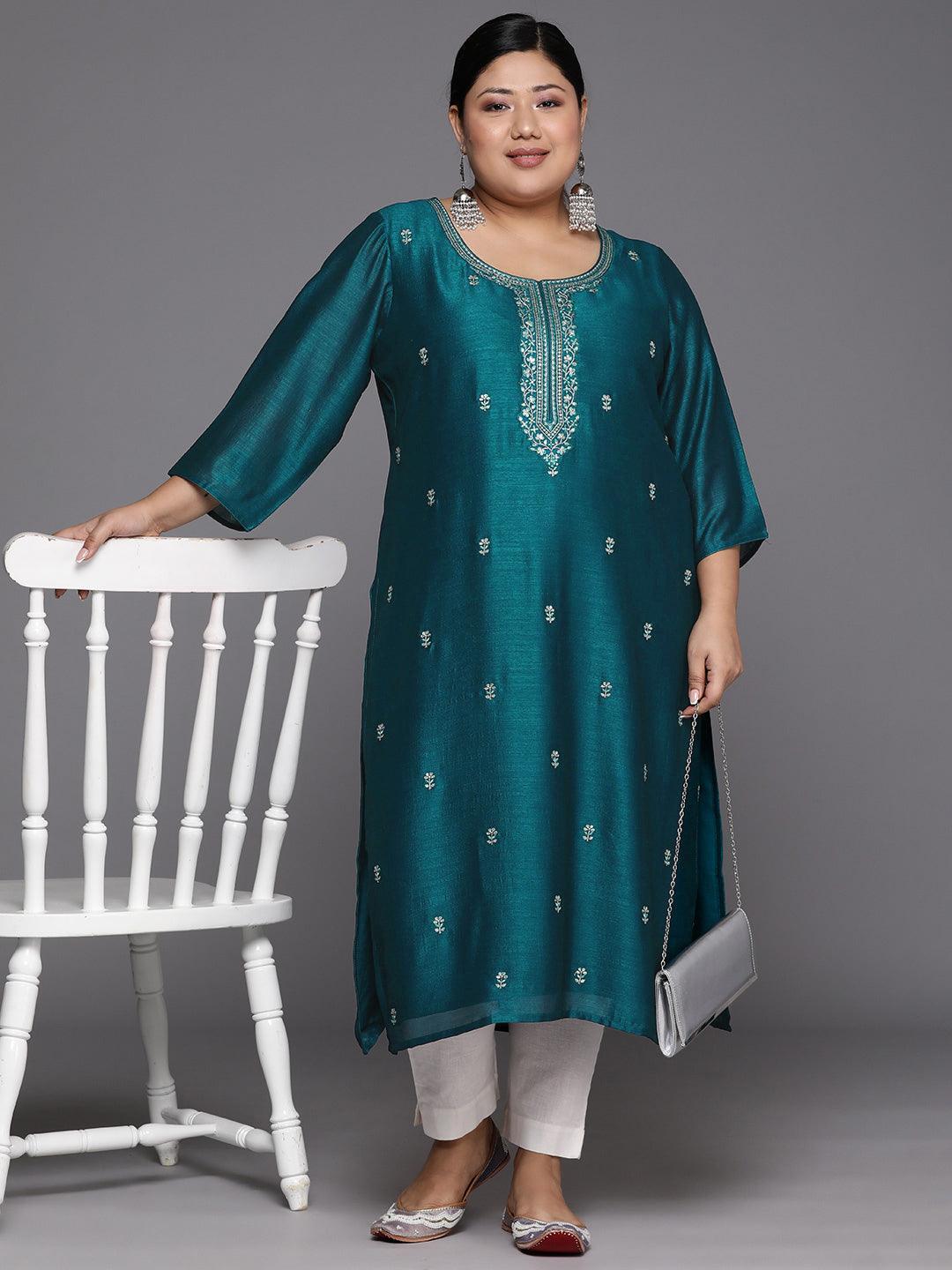 Plus Size Teal Embroidered Silk Straight Kurta - Libas 