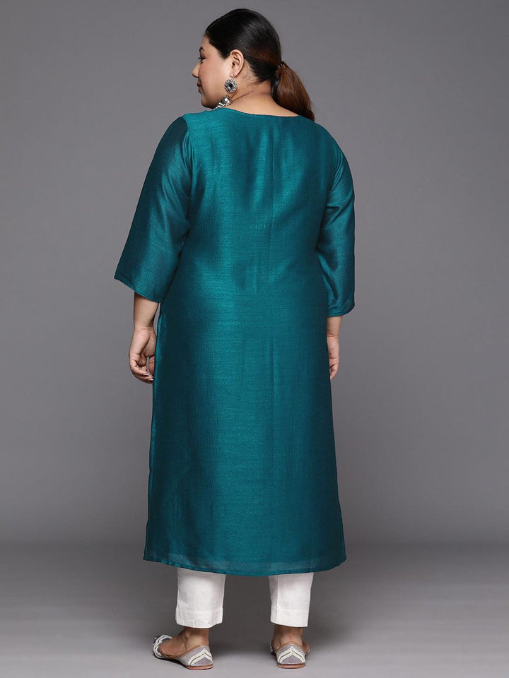 Plus Size Teal Embroidered Silk Straight Kurta