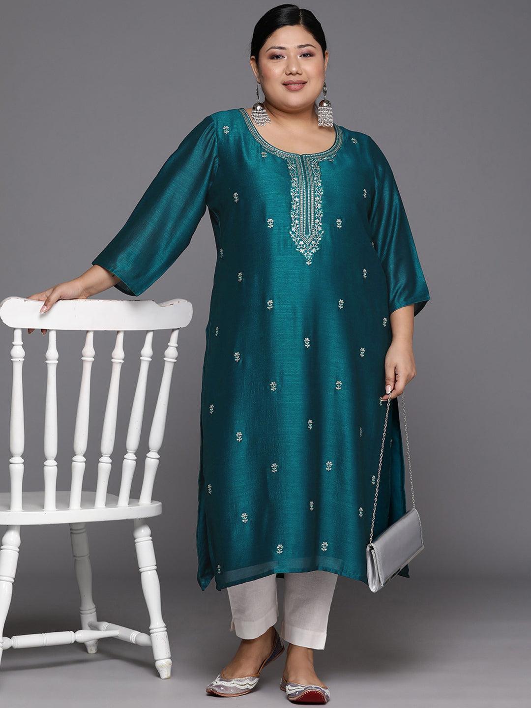 Plus Size Teal Embroidered Silk Straight Kurta - Libas 