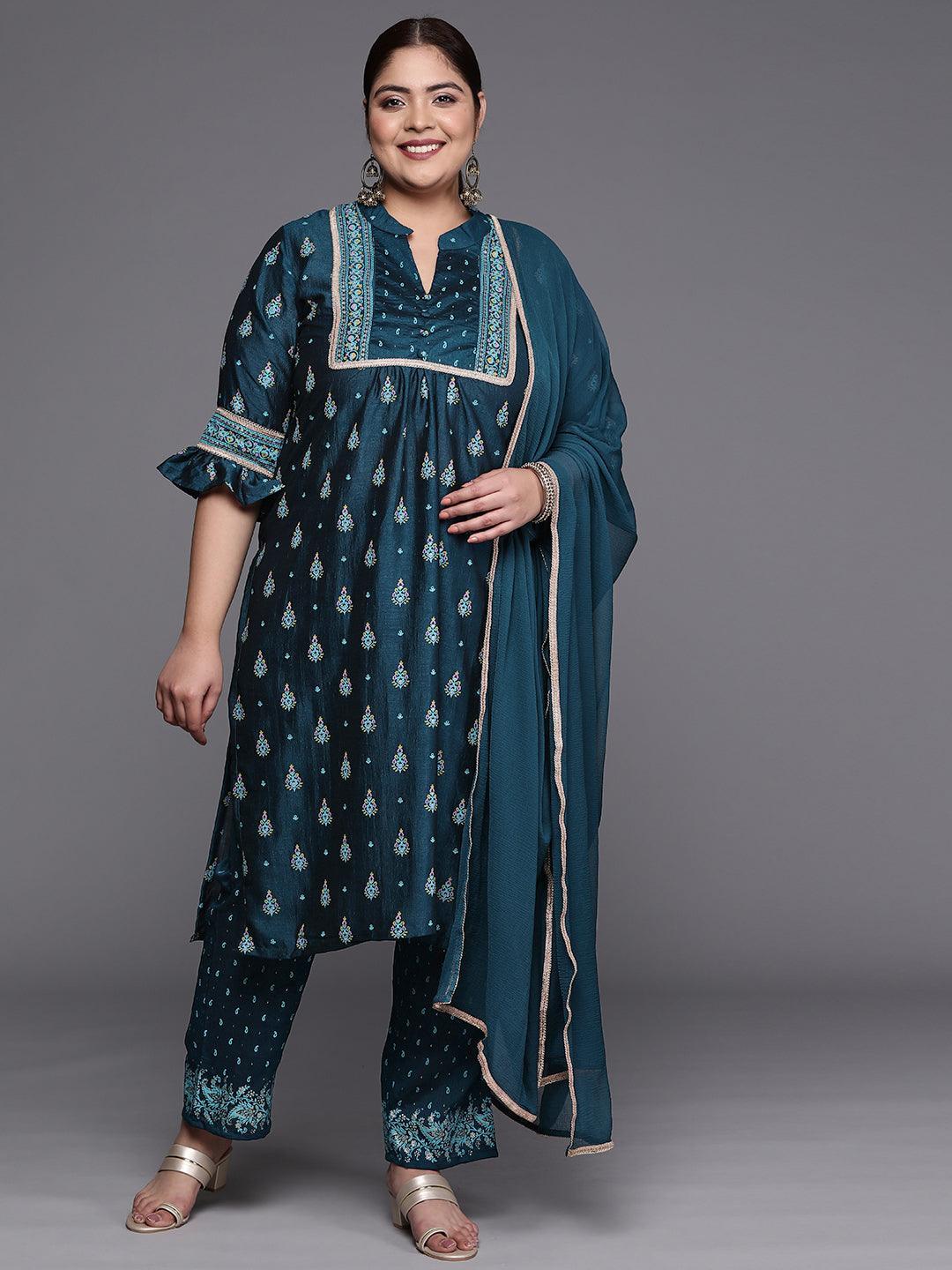 Plus Size Teal Printed Silk Blend Straight Suit Set - ShopLibas