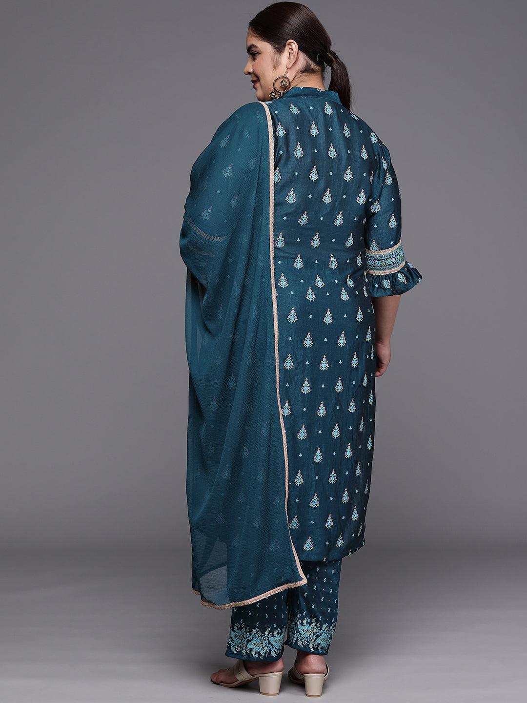 Plus Size Teal Printed Silk Blend Straight Suit Set - ShopLibas 