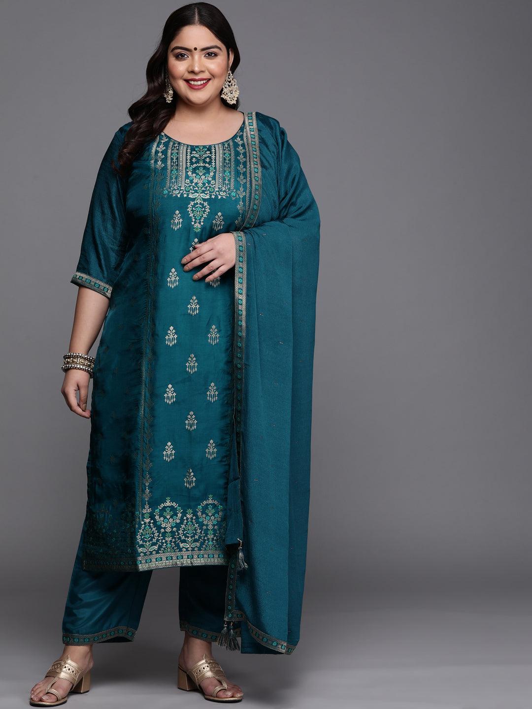 Plus Size Teal Self Design Silk Blend Suit Set - ShopLibas