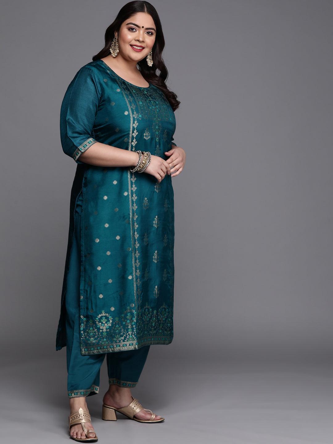 Plus Size Teal Self Design Silk Blend Suit Set - ShopLibas
