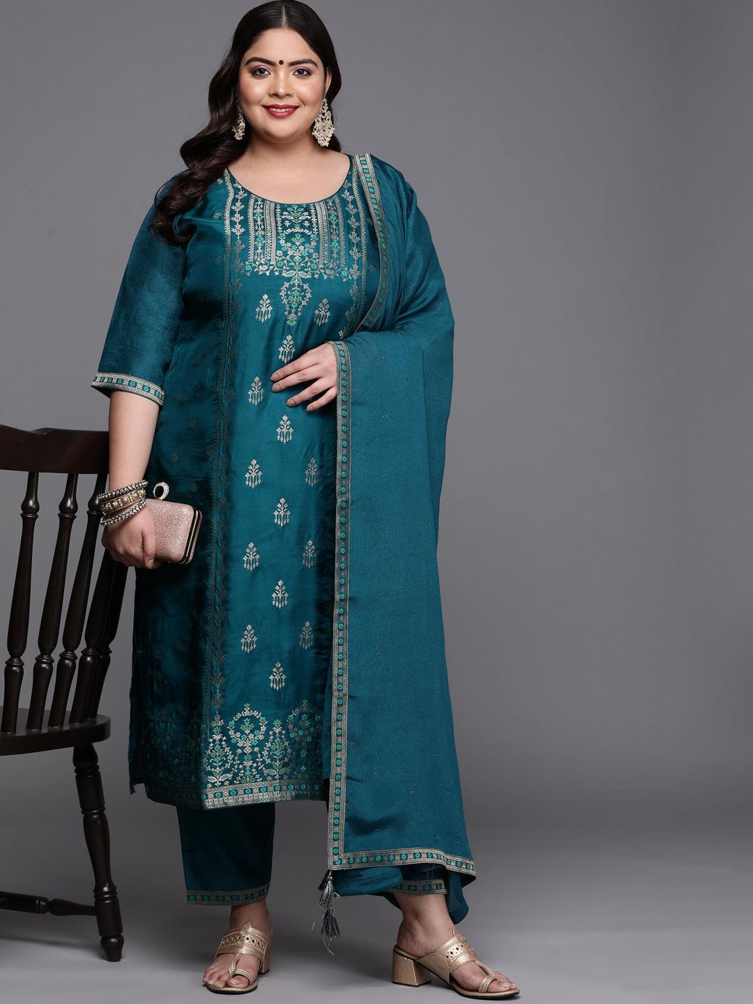 Plus Size Teal Self Design Silk Blend Suit Set - ShopLibas