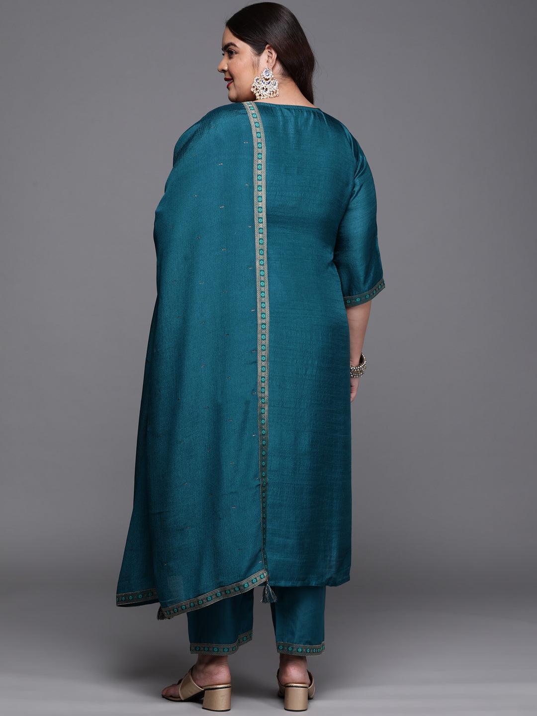 Plus Size Teal Self Design Silk Blend Suit Set - ShopLibas