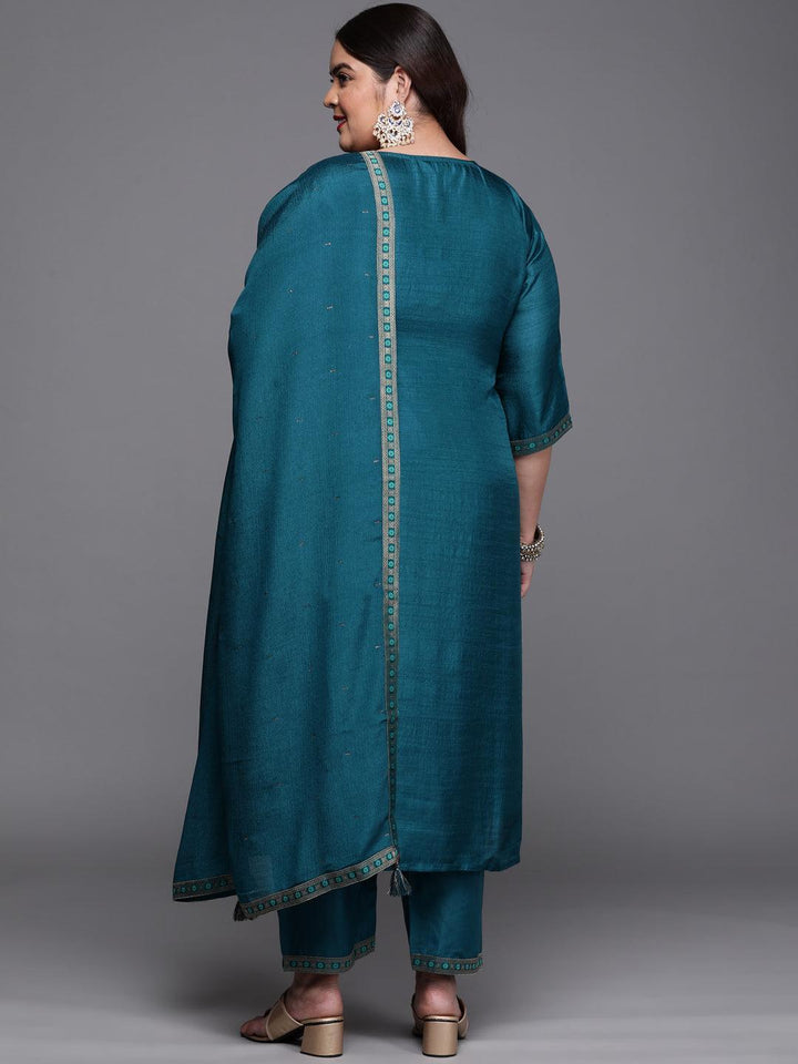 Plus Size Teal Self Design Silk Blend Suit Set - ShopLibas