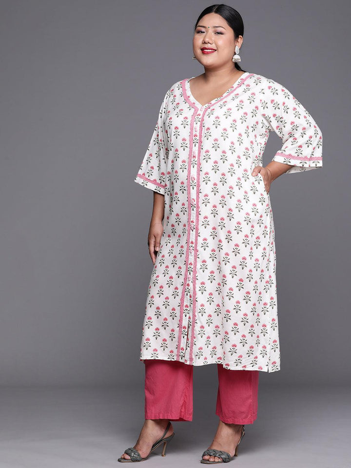 Plus Size White Printed Cotton Kurta