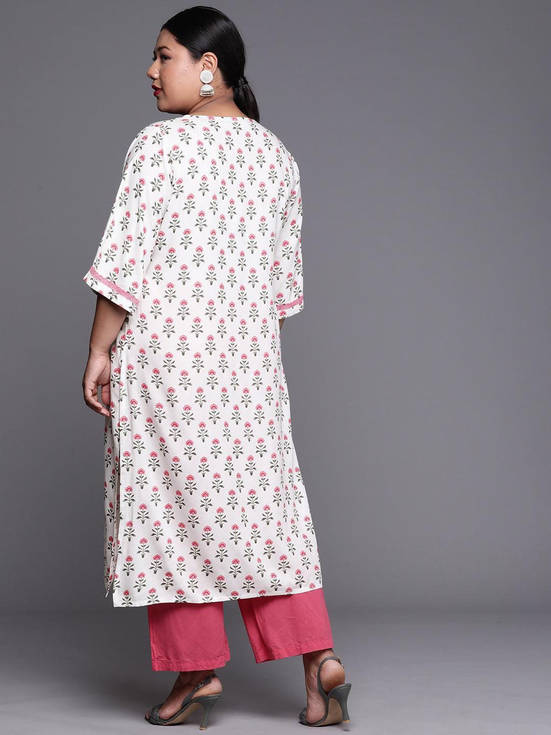 Plus Size White Printed Cotton Kurta - Libas 