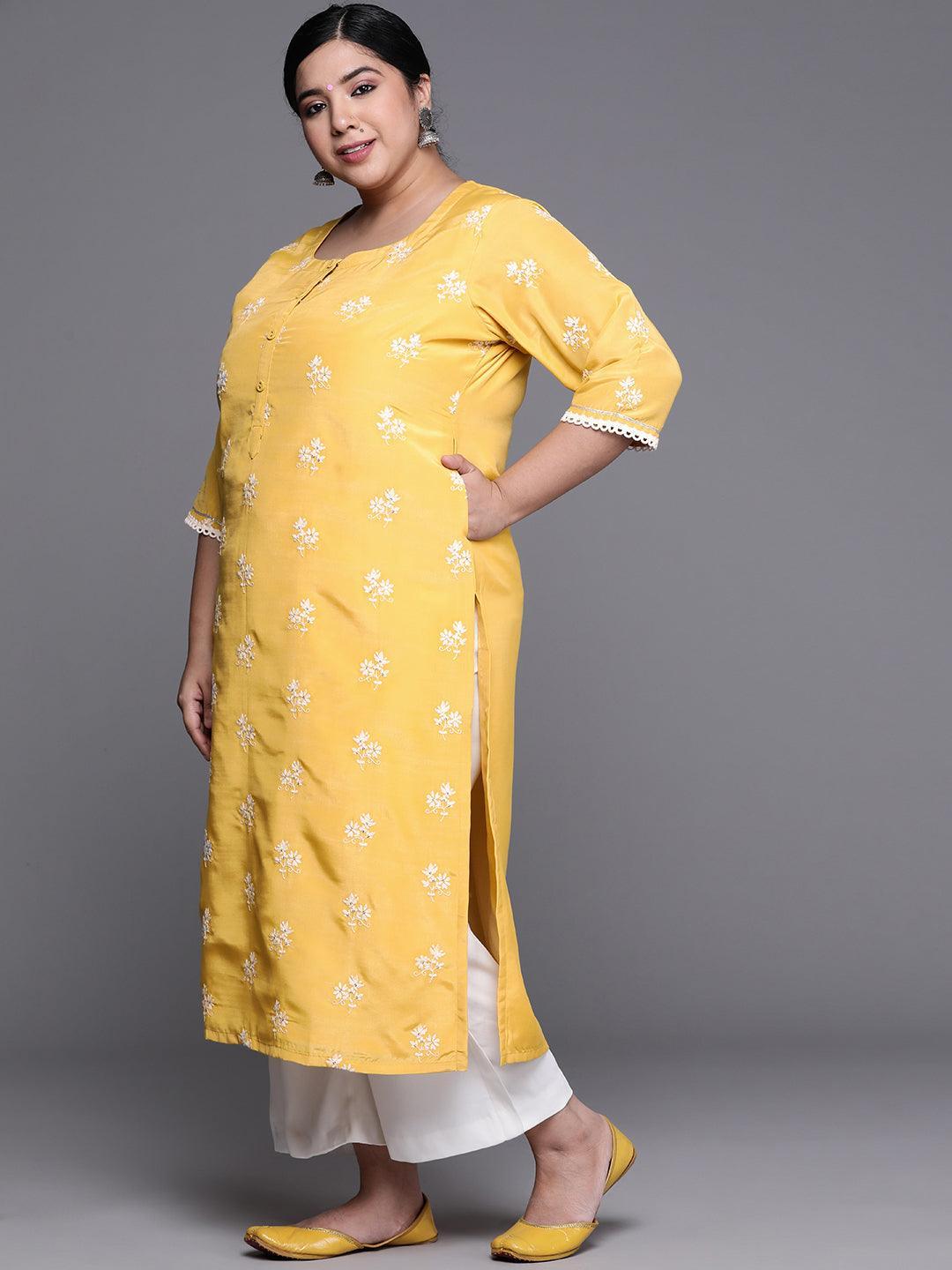 Plus Size Yellow Embroidered Chanderi Silk Kurta - ShopLibas 