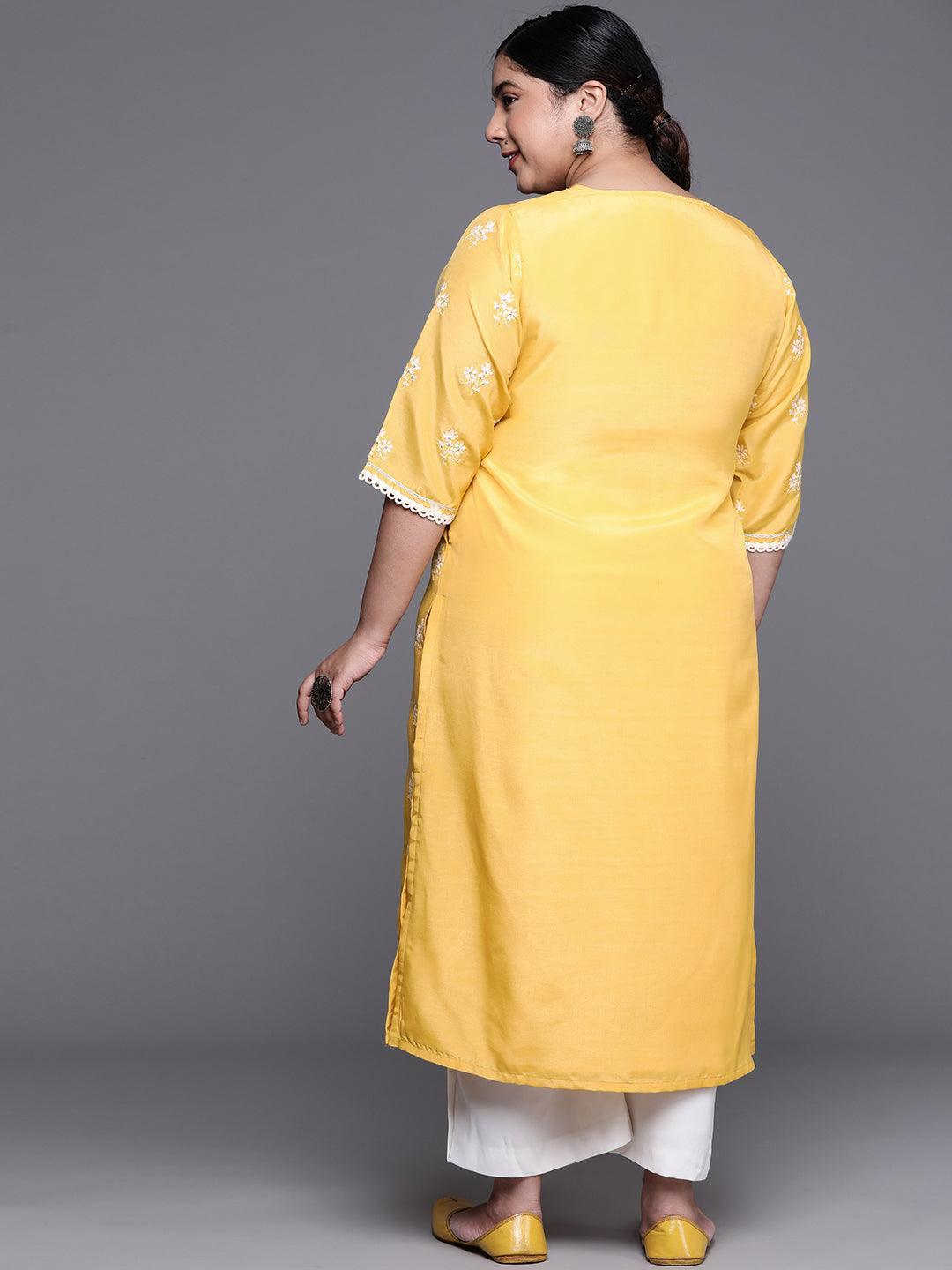 Plus Size Yellow Embroidered Chanderi Silk Kurta - ShopLibas 