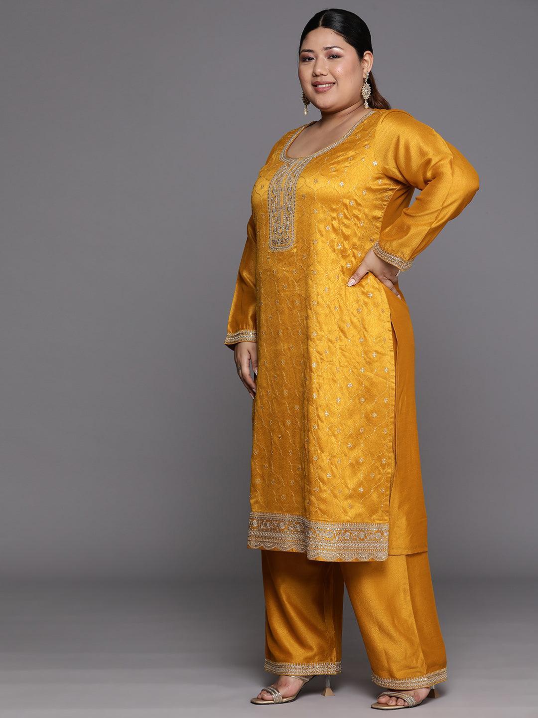 Plus Size Yellow Embroidered Silk Blend Straight Suit Set - Libas 