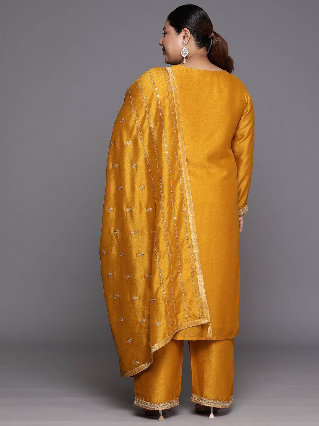 Plus Size Yellow Embroidered Silk Blend Straight Suit Set - Libas 