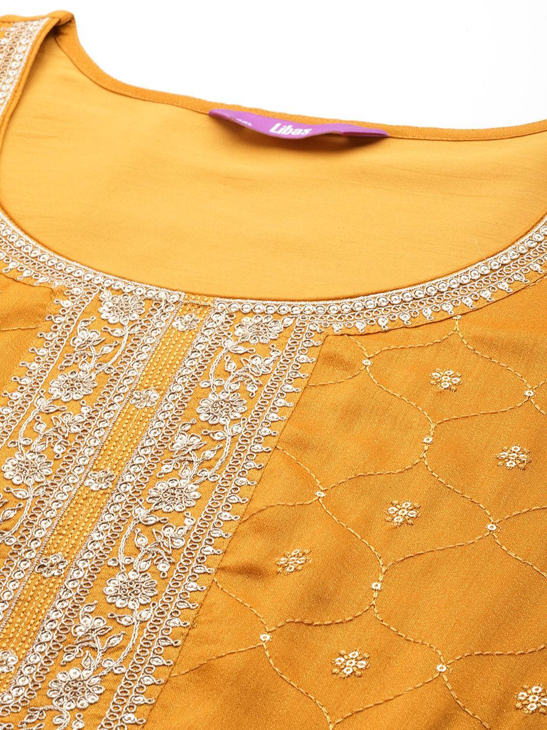 Plus Size Yellow Embroidered Silk Blend Straight Suit Set - Libas 
