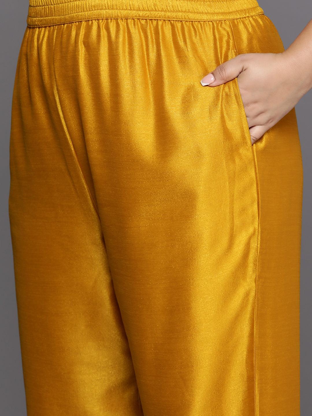 Plus Size Yellow Embroidered Silk Blend Straight Suit Set - Libas 