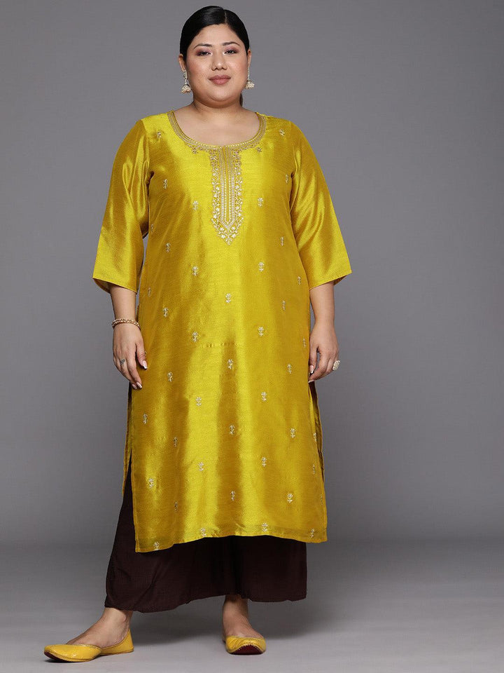 Plus Size Yellow Embroidered Silk Straight Kurta