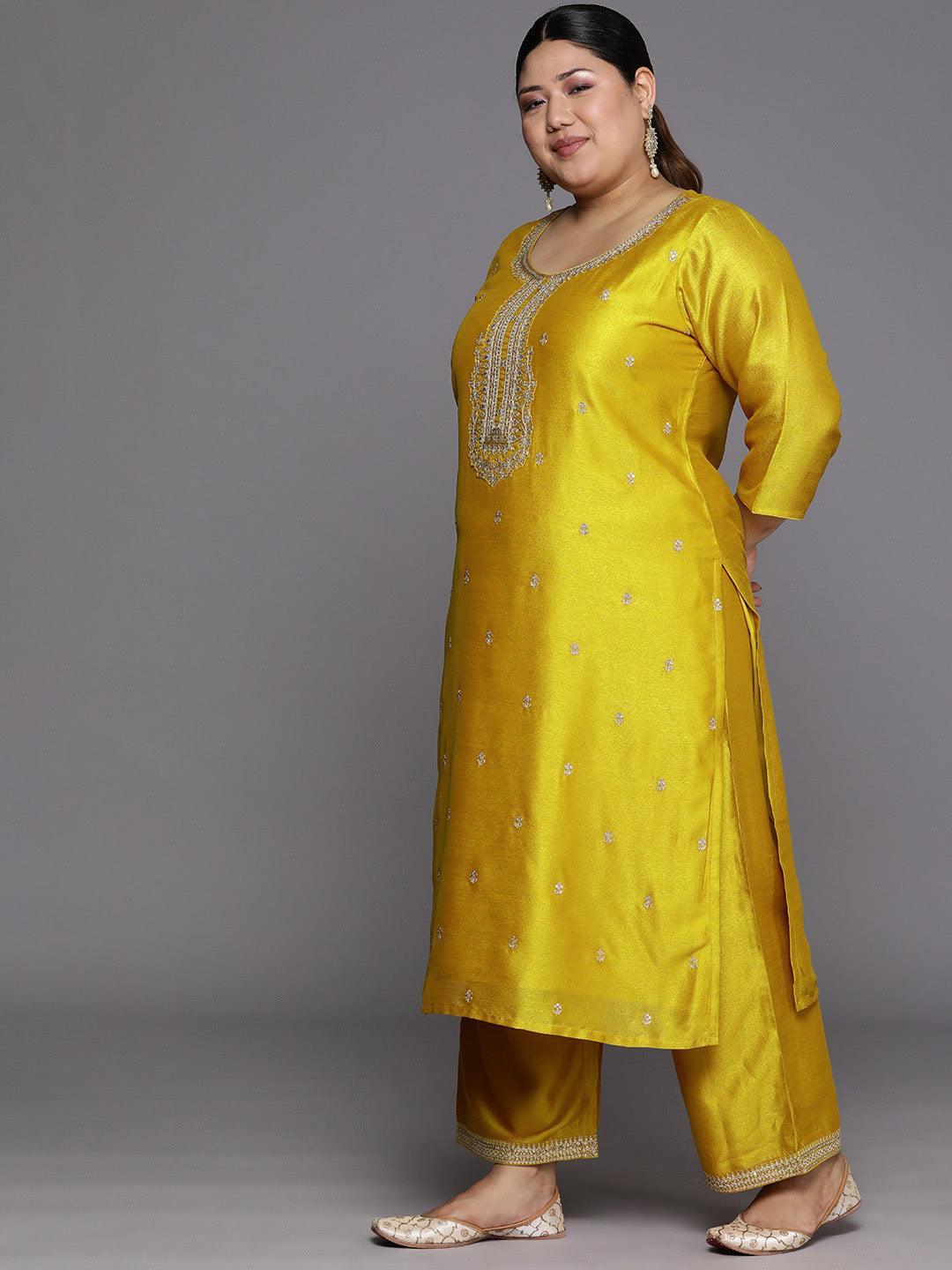 Plus Size Yellow Embroidered Silk Straight Kurta - Libas 