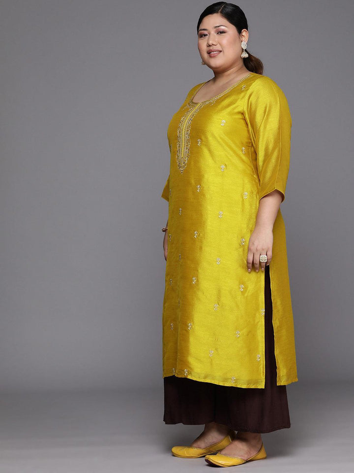 Plus Size Yellow Embroidered Silk Straight Kurta