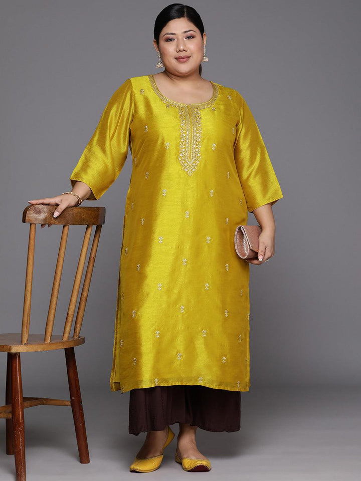 Plus Size Yellow Embroidered Silk Straight Kurta