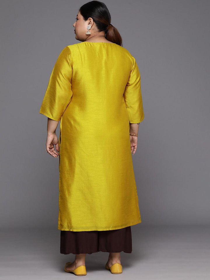 Plus Size Yellow Embroidered Silk Straight Kurta