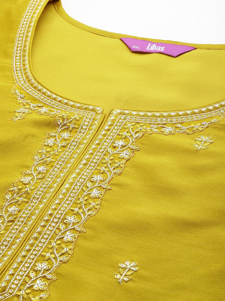 Plus Size Yellow Embroidered Silk Straight Kurta
