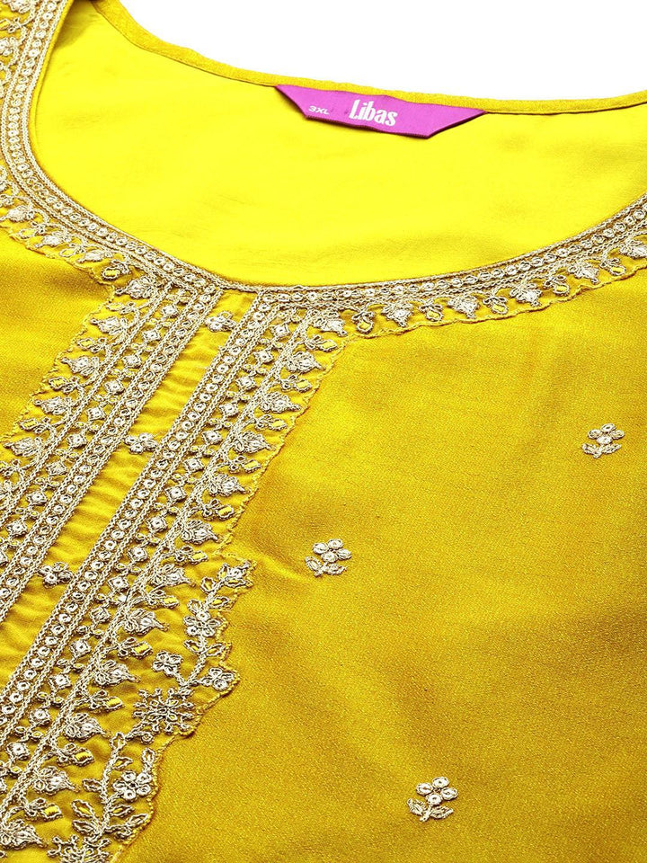 Plus Size Yellow Embroidered Silk Straight Kurta