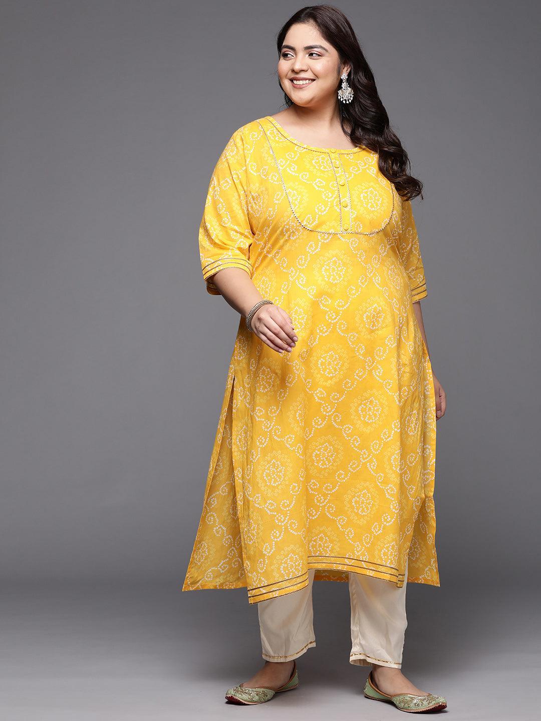 Plus Size Yellow Printed Cotton Straight Kurta - ShopLibas